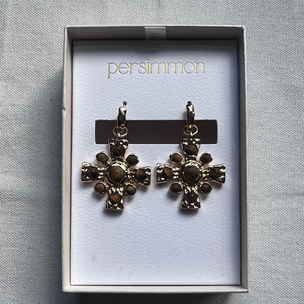 Persimmon Gold-Tone Brown Stone Cross Drop Earrings